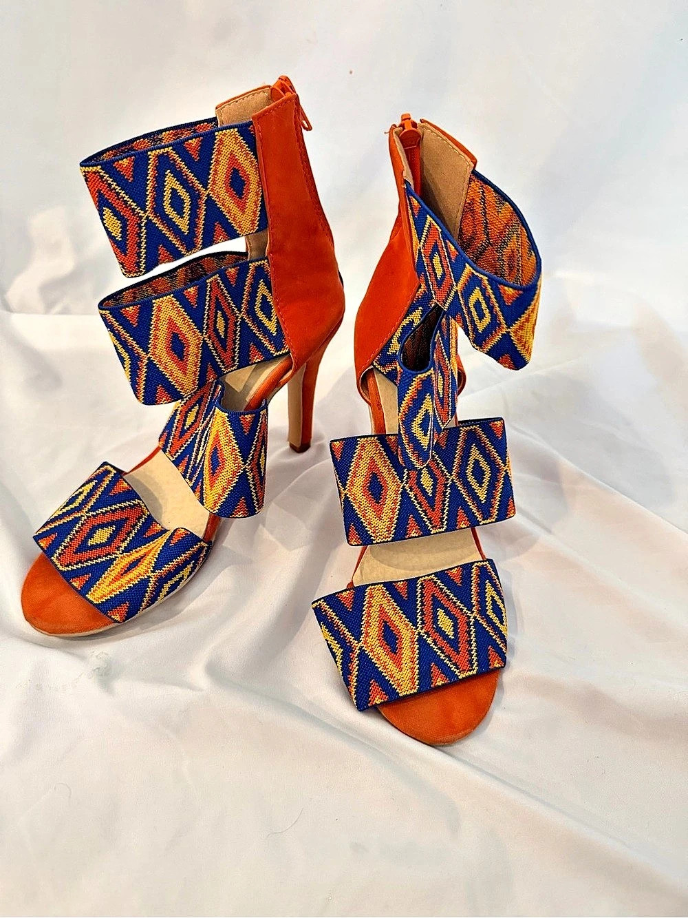 Boho Aztec Tribal Print Gladiator Stiletto Heels Orange Blue EU 36 US 5.5